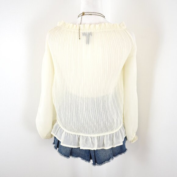 VTG 00s Y2K FANG Cream White Sheer Sequin Pleated Chiffon Pirate Sleeve Top Sz L - Picture 4 of 9